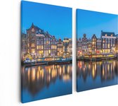 Artaza Canvas Schilderij Tweeluik Amsterdamse Huisjes In De Avond Met Lichten - 80x60 - Foto Op Canvas - Canvas Print