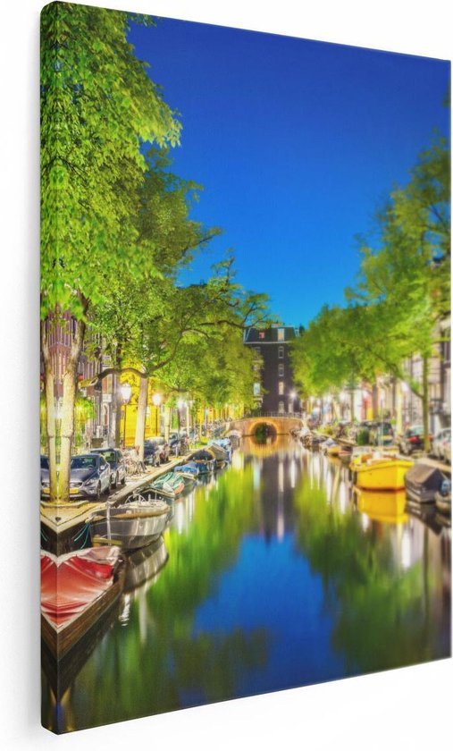 Artaza Canvas Schilderij Amsterdamse Gracht In De Nacht - 30x40 - Klein - Foto Op Canvas - Canvas Print