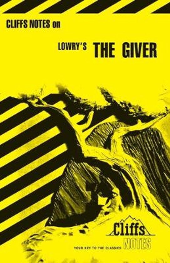 Cliffs Notes op Lowry's The Giver, met een zwart-gele gestreepte rand en een afbeelding van een berglandschap.