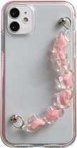 Tweekleurige pc + TPU-schokbestendige hoes met hartkralen polsarmbandketting voor iPhone 11 (roze)