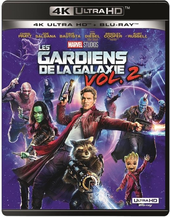 4K Ultra HD Blu-ray hoes van Les Gardiens de la Galaxie Vol. 2, met de hoofdpersonages in actie op een paarse achtergrond.