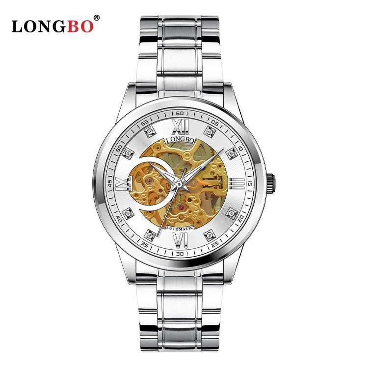 Longbo - Unisex Horloge - Skeleton - Zilveren Stalen Band - Zilver-Wit-Goud - Ø 40mm - Automatic