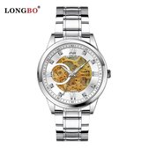 Longbo - Unisex Horloge - Skeleton - Zilveren Stalen Band - Zilver/Wit/Goud - Ø 40mm - Automatic (Productvideo)