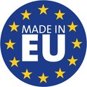 Logo 'Made in EU' met sterren op een blauwe cirkel.