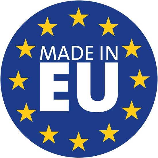 Logo 'Made in EU' met sterren op een blauwe cirkel.