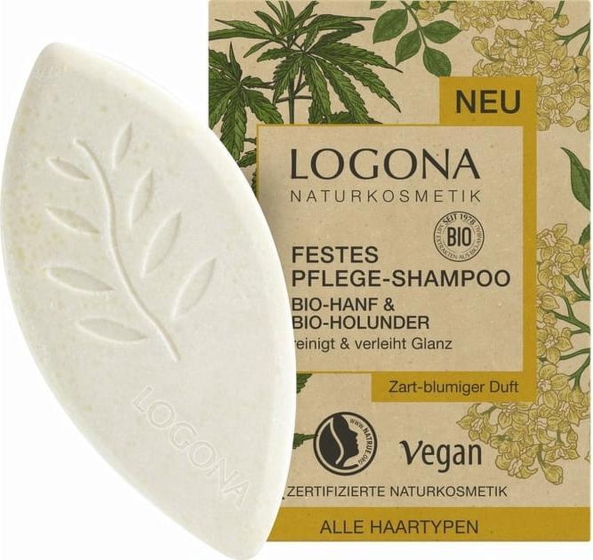 Logona - Solid care - shampoo bar - Organic hemp & organic elderflower - 60g.