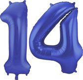 De Ballonnenkoning - Folieballon Cijfer 14 Blauw Metallic Mat - 86 cm