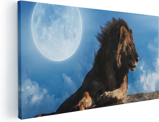 Artaza Canvas Schilderij Leeuw Tijdens Volle Maan - 120x60 - Groot - Foto Op Canvas - Canvas Print