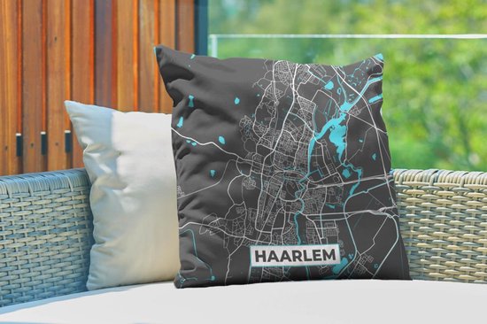 Sierkussen d'extérieur - Carte - Haarlem - Grijs - Blauw - 60x60 cm - Résistant aux intempéries