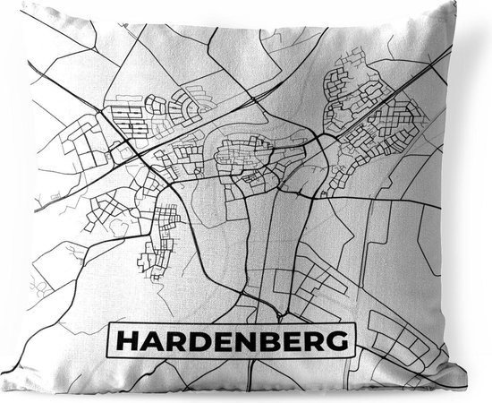 Sierkussen Buiten - Kaart - Hardenberg - Zwart - Wit - 60x60 cm - Weerbestendig