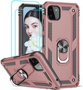 Samsung Galaxy A22 5G Hoesje Roségoud 2X Glazen Screenprotectors - Anti-Shock Hybrid Armor met Kickstand Ring