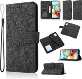 Voor Samsung Galaxy A71 Huid Voelen Reliëf Zonnebloem Horizontale Flip Lederen Case met Houder & Kaartsleuven & Portemonnee & Lanyard (Zwart)