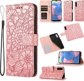 Voor Samsung Galaxy A30s Huid Voelen Reliëf Zonnebloem Horizontale Flip Lederen Case met Houder & Kaartsleuven & Portemonnee & Lanyard (Rose Goud)