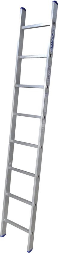 Aluminium enkele ladder met 8 treden en blauwe dopjes aan de onderkant.