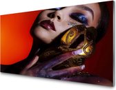 Glasschilderij Masquerade mask in female hands| 4 mm veiligheidsglas | 120 x 80 cm | Blind ophangsysteem | Glazen schilderijen
