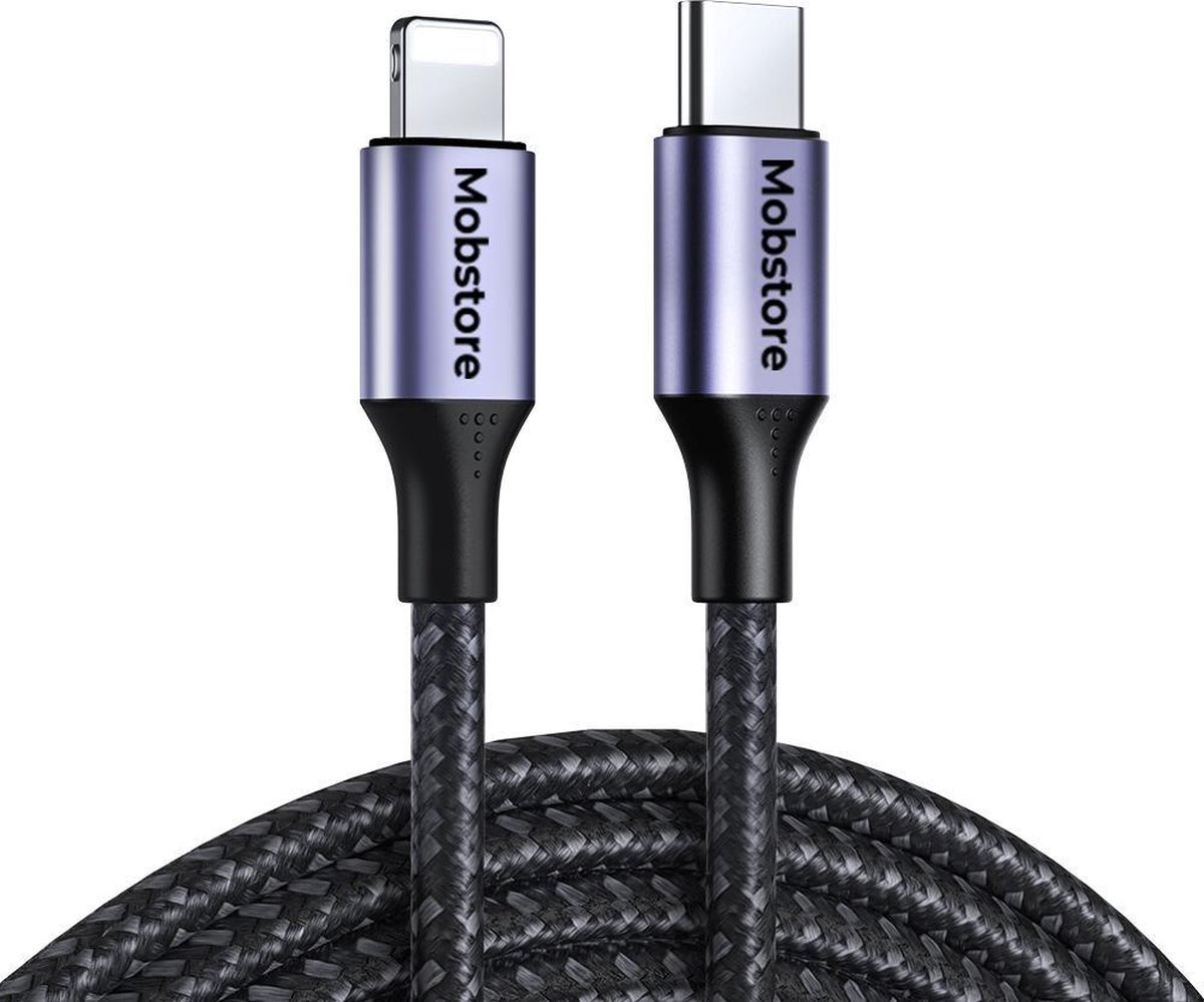 Mobstore - Oplader kabel geschikt voor iPhone kabel - USB C geschikt voor Lightning USB kabel - Geschikt voor iPhone oplader kabel - Geschikt voor Lightning naar USB C - 2 meter - Zwart - Stevige nylon oplaadkabel - 480 Mbps - Snellader - Mobstore
