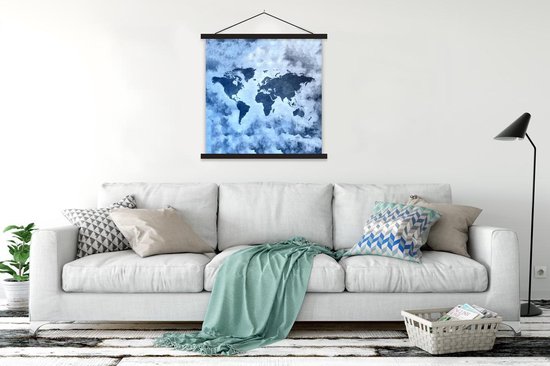 Affiche scolaire - Wereldkaart - Blauw - Peinture - 120x120 cm - Lattes noires