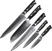 Mastersøn - Luxe en Professionele Japanse Messenset - Set van 5 - Damascus messenset - 67 Laags - VG10 - Damascus Mes Messenset - Damastmes - Koksmes - Santoku - Paring - Utility -