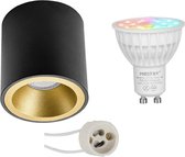 Mi-Light MiBoxer - Opbouwspot Set GU10 - Smart LED - Wifi LED - Slimme LED - 4W - RGB+CCT - Aanpasbare Kleur - Dimbaar - Pragmi Cliron Pro - Opbouw Rond - Mat Zwart/Goud - Verdiept - Ø90mm - 