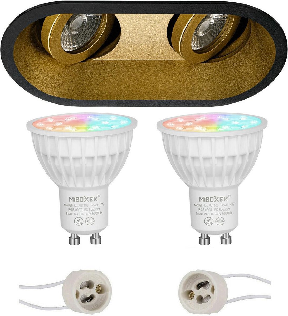 Mi-Light MiBoxer - LED Spot Set GU10 - Smart LED - Wifi LED - Slimme LED - 4W - RGB+CCT - Aanpasbare Kleur - Dimbaar - Proma Zano Pro - Inbouw Ovaal Dubbel - Mat Zwart/Goud - Kantelbaar - 185x93mm