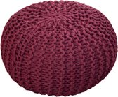 Sunfield Gebreide Poef | Velours Poefs Rond | Kwalitatief Vloerkussens vele stijlen | 55x37cm | Bordeaux rood