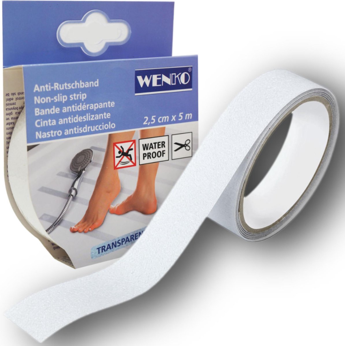Wenko - Anti Slip Strip Tape Zelfklevend - 5M x 2,5 CM - Antislip Tape voor Trap, Vloer, Drempel, - Waterproof - voor Binnen en Buiten - Wenko
