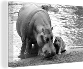 Canvas Schilderij Nijlpaard in het water - zwart wit - 90x60 cm - Wanddecoratie