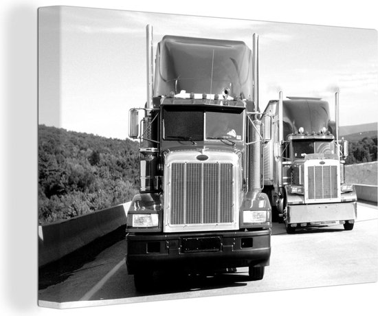 Tableau sur toile Camions sur l'autoroute - noir et blanc - 90x60 cm - Décoration murale