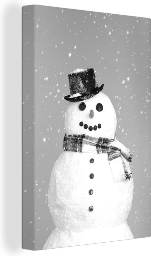 Canvas Schilderij Een blije sneeuwpop tijdens kerst - zwart wit - 20x30 cm - Wanddecoratie