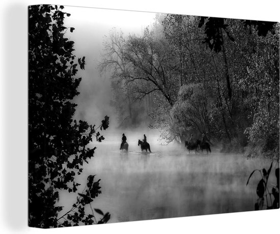 Canvas Schilderij Paarden - Mist - Bos - 120x80 cm - Wanddecoratie