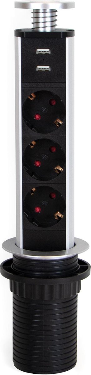 Emuca Inschuifbare multiconnector Vertikal, 3 stekkers en 2 USB, intrekbar, met Schouko-contacten, Kunststof, Metallic grijs