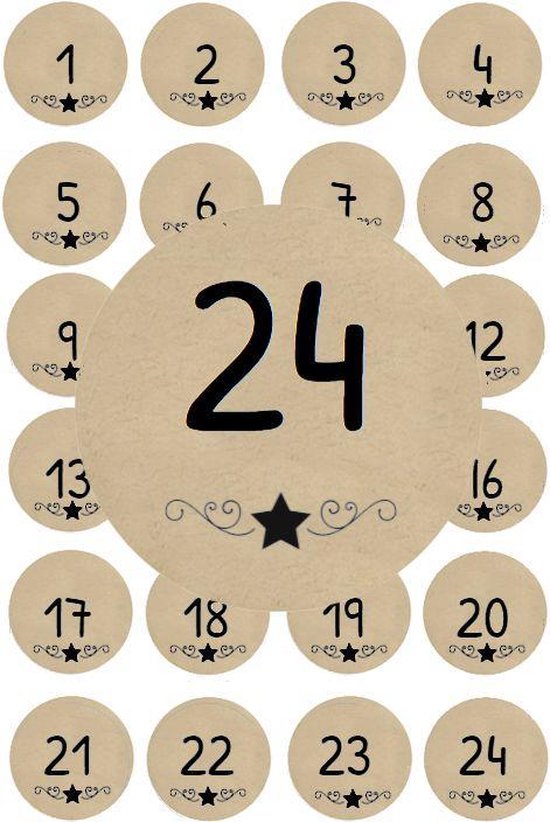 2 x vel met 24 stuks Kraft papier advent stickers cijfers 1 t/m 24 Ø40mm - adventskalender maken | cadeautjes maken