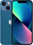 Blauw iPhone 13 mini, voor- en achterkant met felgekleurd behang.