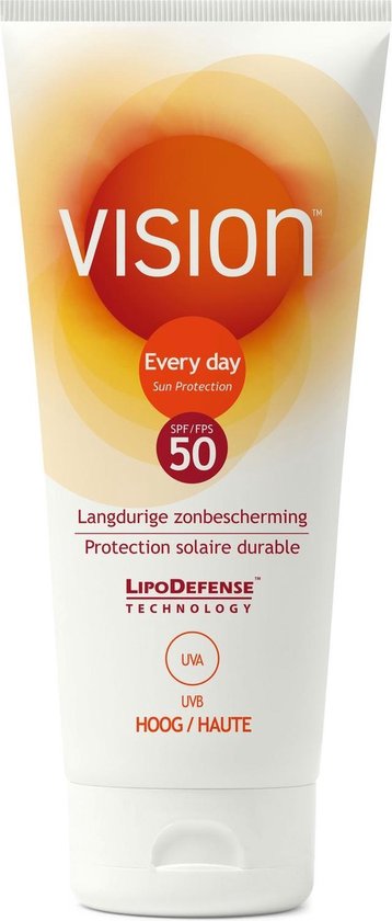 Tube Vision Every Day Sun Protection SPF 50. Langdurige zonnebescherming, zeer waterbestendig, zonder parfum.