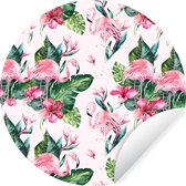 WallCircle - Stickers muraux - Cercle Papier Peint - Flamingo - Fleurs - Feuilles - Motifs - 100x100 cm - Cercle Mural - Auto Adhésif - Sticker Papier Peint Rond XXL
