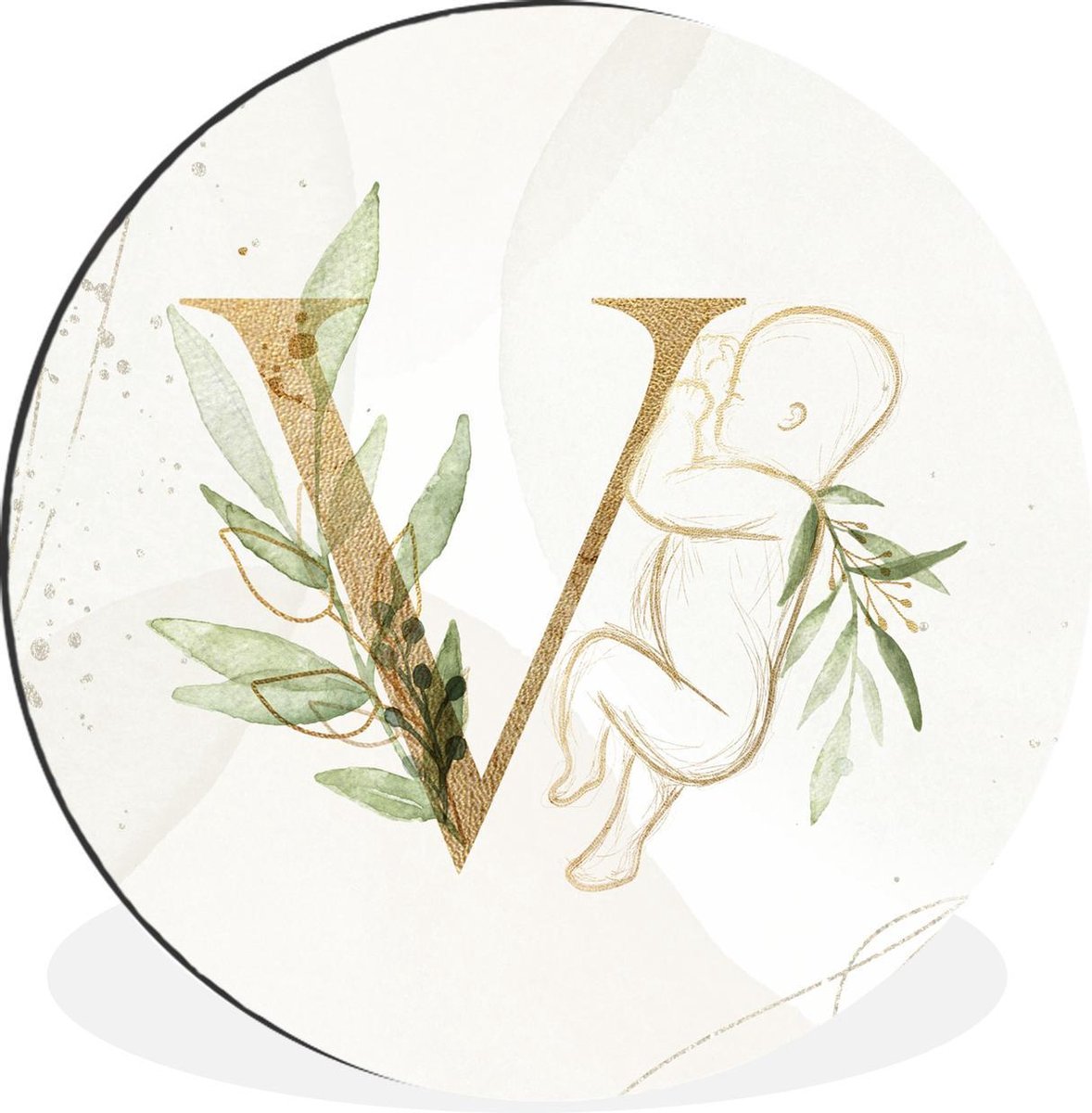 WallCircle - Wandcirkel - Muurcirkel - Letters - V - Goud - Baby - Aluminium - Dibond - 120x120 cm - Binnen en Buiten XXL