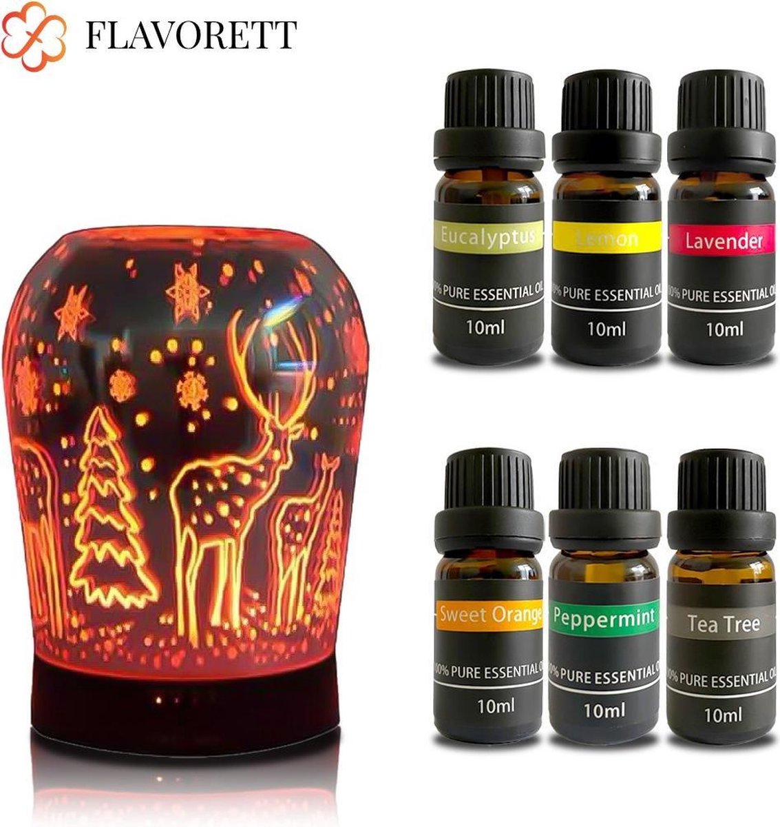 Flavorett Glazen Aroma diffuser - Incl. 6 Etherische Olie – Luchtbevochtiger – Geurverspreiders