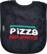 Zwarte slab met "Hmmmmmmmmmm... Pizza buon appetito!" - italiaans, eten, knoeien, slabbetje, slabber