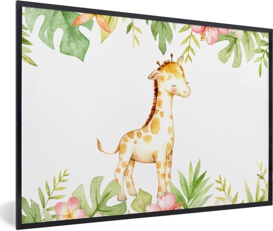 Fotolijst incl. Poster - Giraffe - Jungle - Bloemen - Waterverf - 30x20 cm - Posterlijst