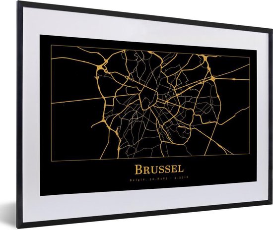 Affiche avec cadre Carte - Bruxelles - Or - Zwart - 60x40 cm