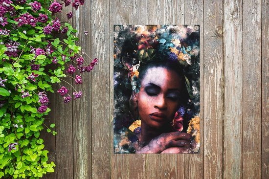 Tuinposter 40x60 cm - Tuindecoratie Vrouw - Kleur - Abstract - Poster voor in de tuin - Buiten decoratie - Schutting tuinschilderij - Tuindoek muurdecoratie - Wanddecoratie balkondoek