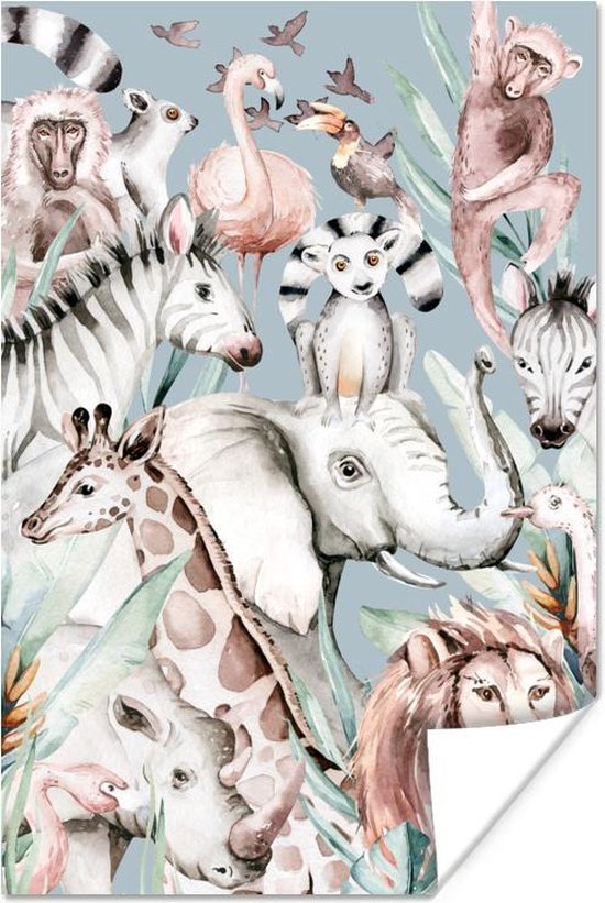 Poster Aquarelverf - Dieren - Flamingo - Olifant - Jongens - Blauw - Kinderen - Kindje - 80x120 cm