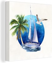 Canvas Schilderij Zeilboot - Vogel - Zee - 50x50 cm - Wanddecoratie