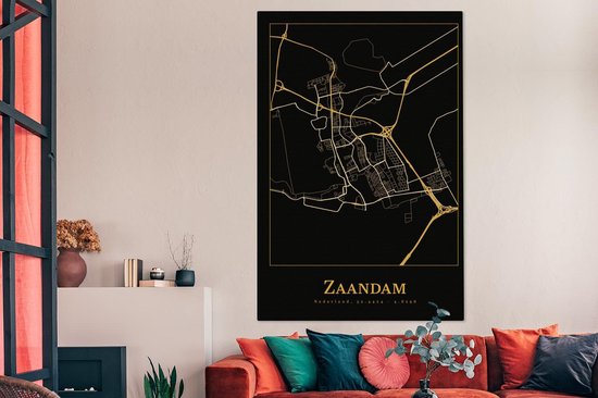 Toile Peinture Carte - Zaandam - Or - Zwart - 120x180 cm - Décoration murale XXL