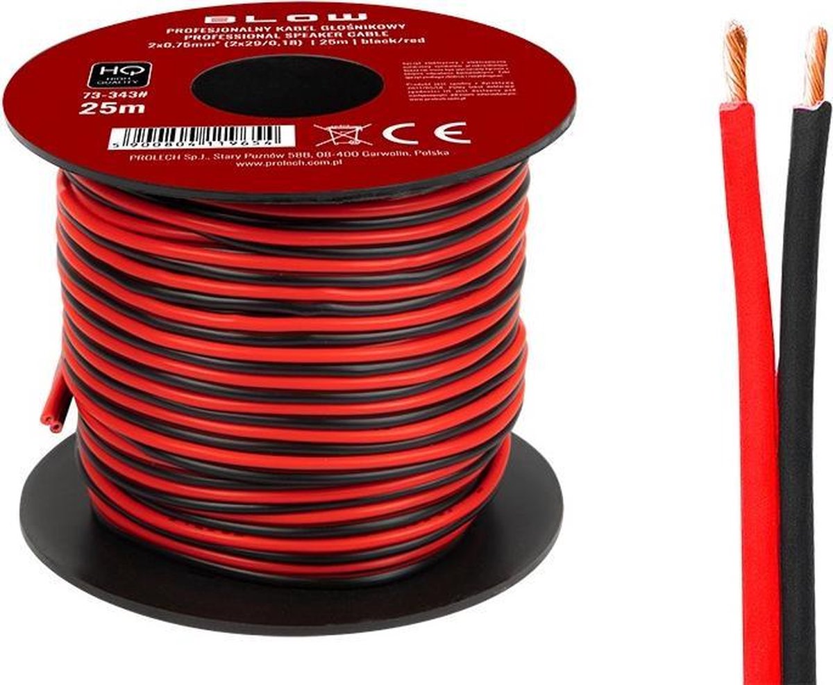 HQ luidsprekerkabel 2 x 0.75 mm zwart/rood op rol 25 meter