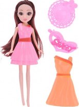 pop met extra jurk en acc. roze/oranje 23 cm 5-delig