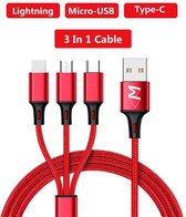 3 in 1 - Multi Kabel - Gevlochten 2.4A – Data + Oplaadkabel - Apple Lightning/USB-C/Micro USB - 1.2 Meter - Rood - Wilsem ®