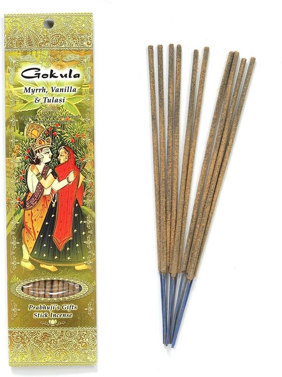 Wierooksticks, handgerold, 'Gokula' met mirre, vanille en heilige basilicum, 20 sticks