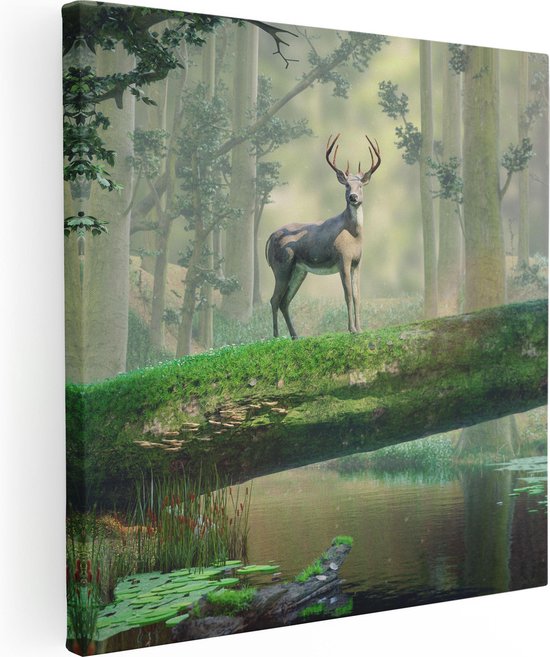 Artaza Toile Peinture Cerf Dans La Forêt Sur Un Arbre - 30x30 - Klein - Tableau Sur Toile - Impression Sur Toile