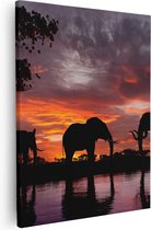 Artaza Canvas Schilderij Olifanten Tijdens Zonsondergang - Silhouet - 80x100 - Groot - Foto Op Canvas - Canvas Print
